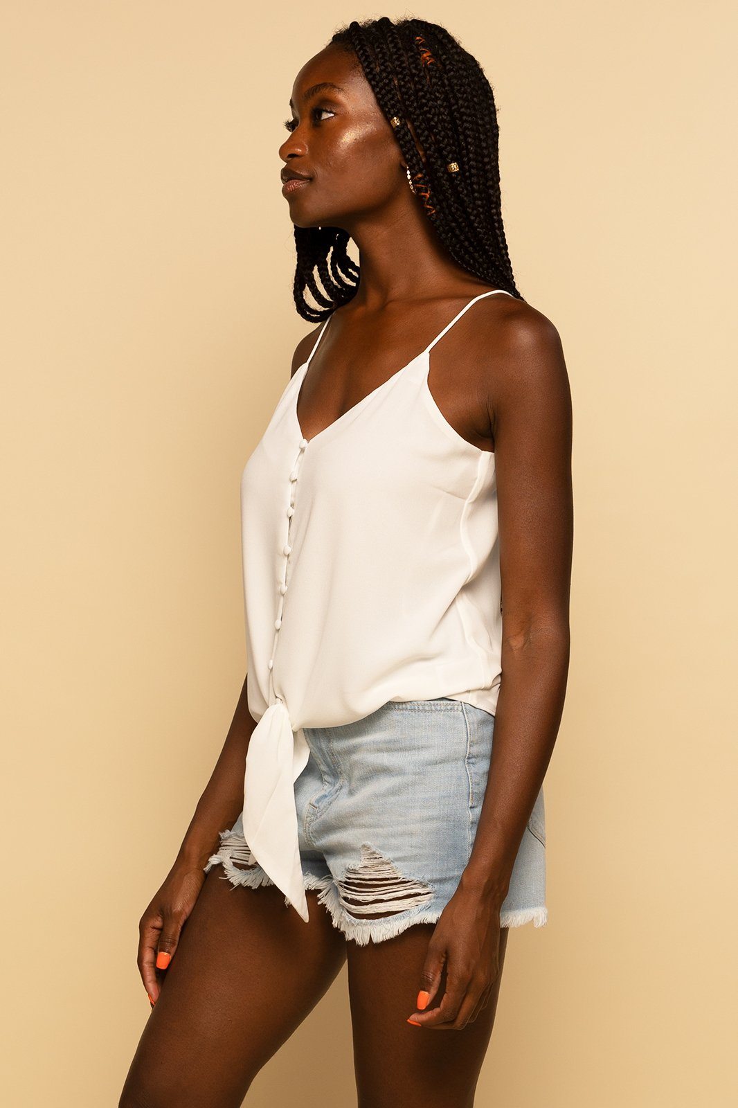 Button Up Tie-Front Strappy White Cami Tank