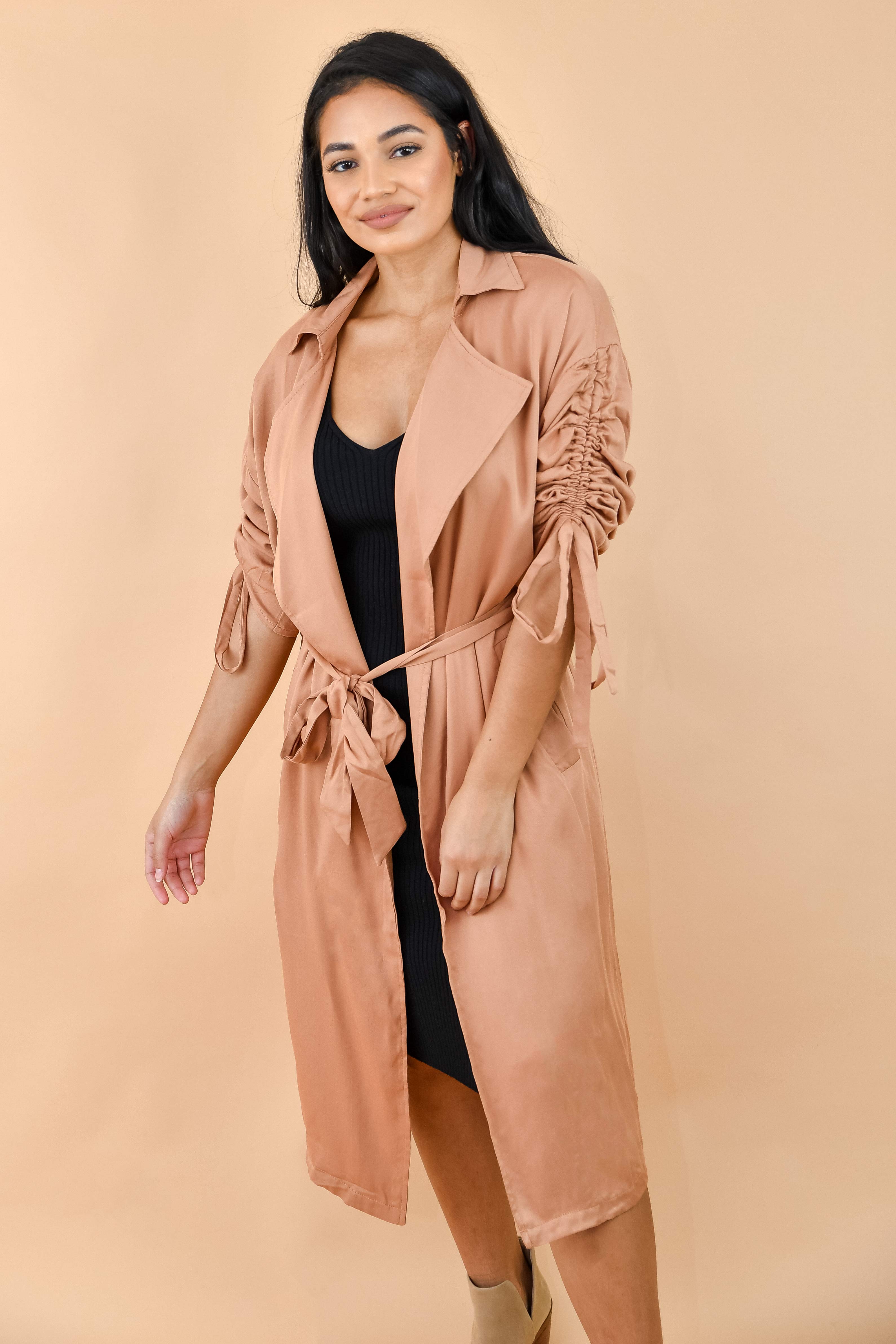 Camel Belted Open-Front Duster Trench Jacket
