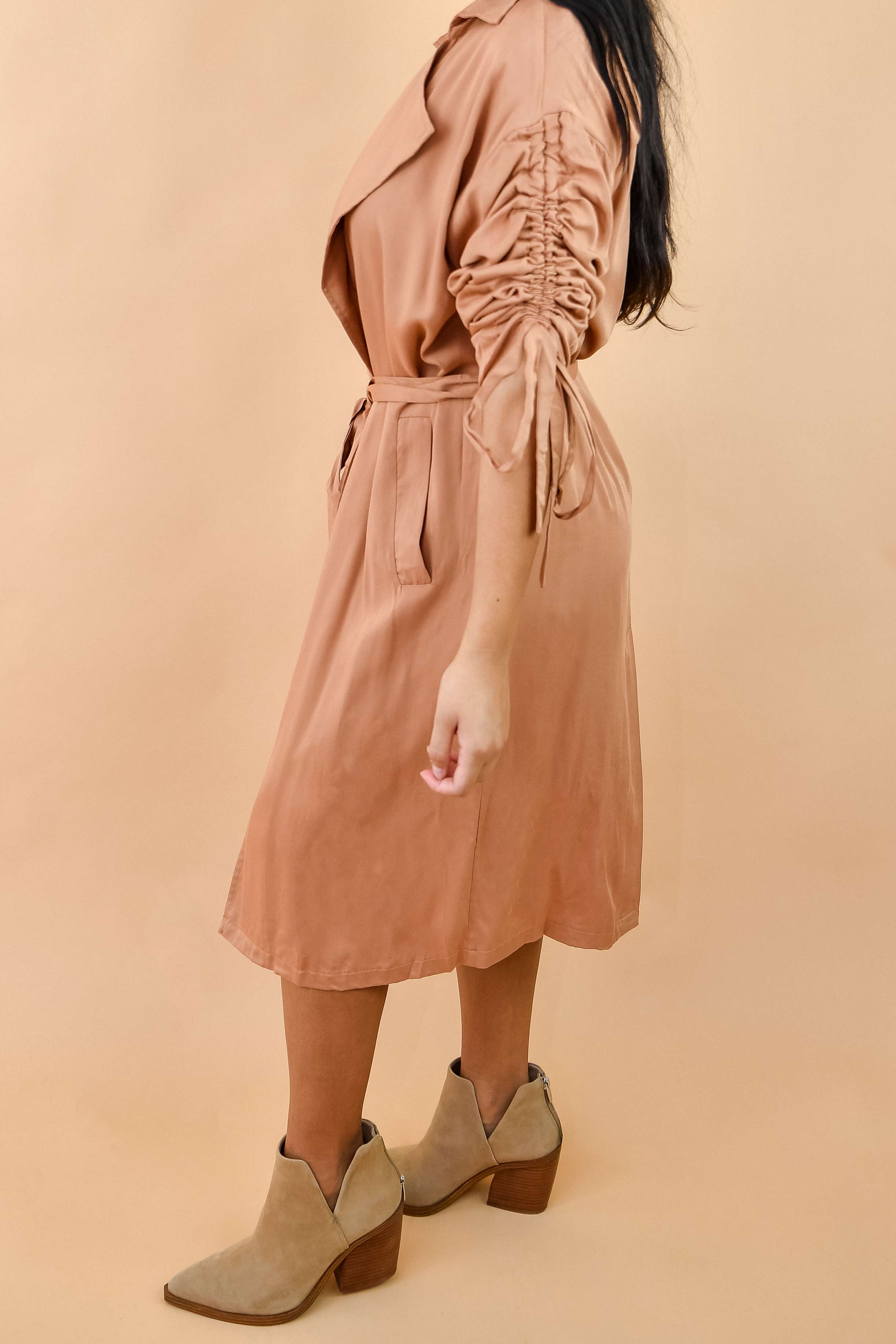 Camel Belted Open-Front Duster Trench Jacket