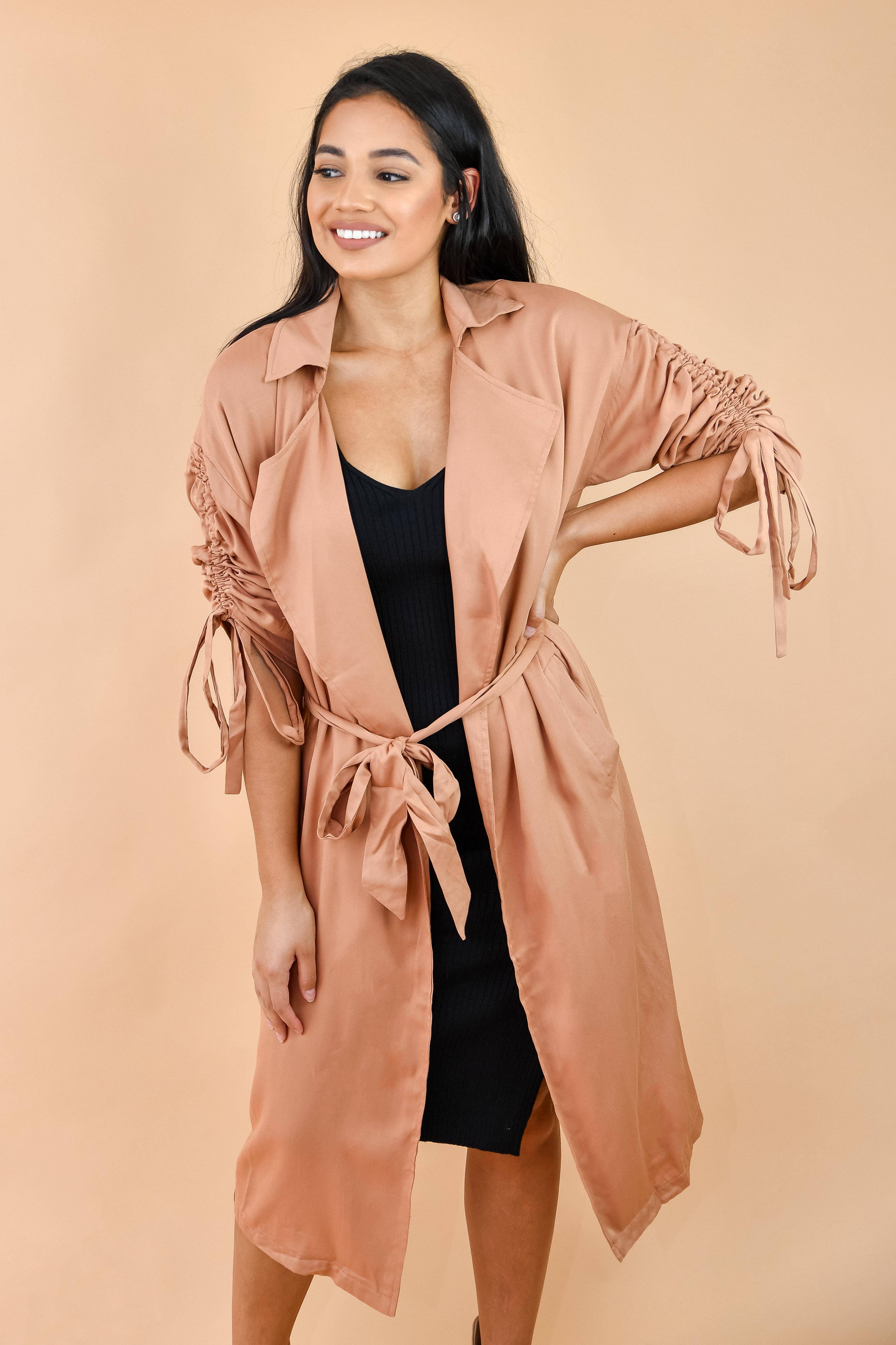 Camel Belted Open-Front Duster Trench Jacket
