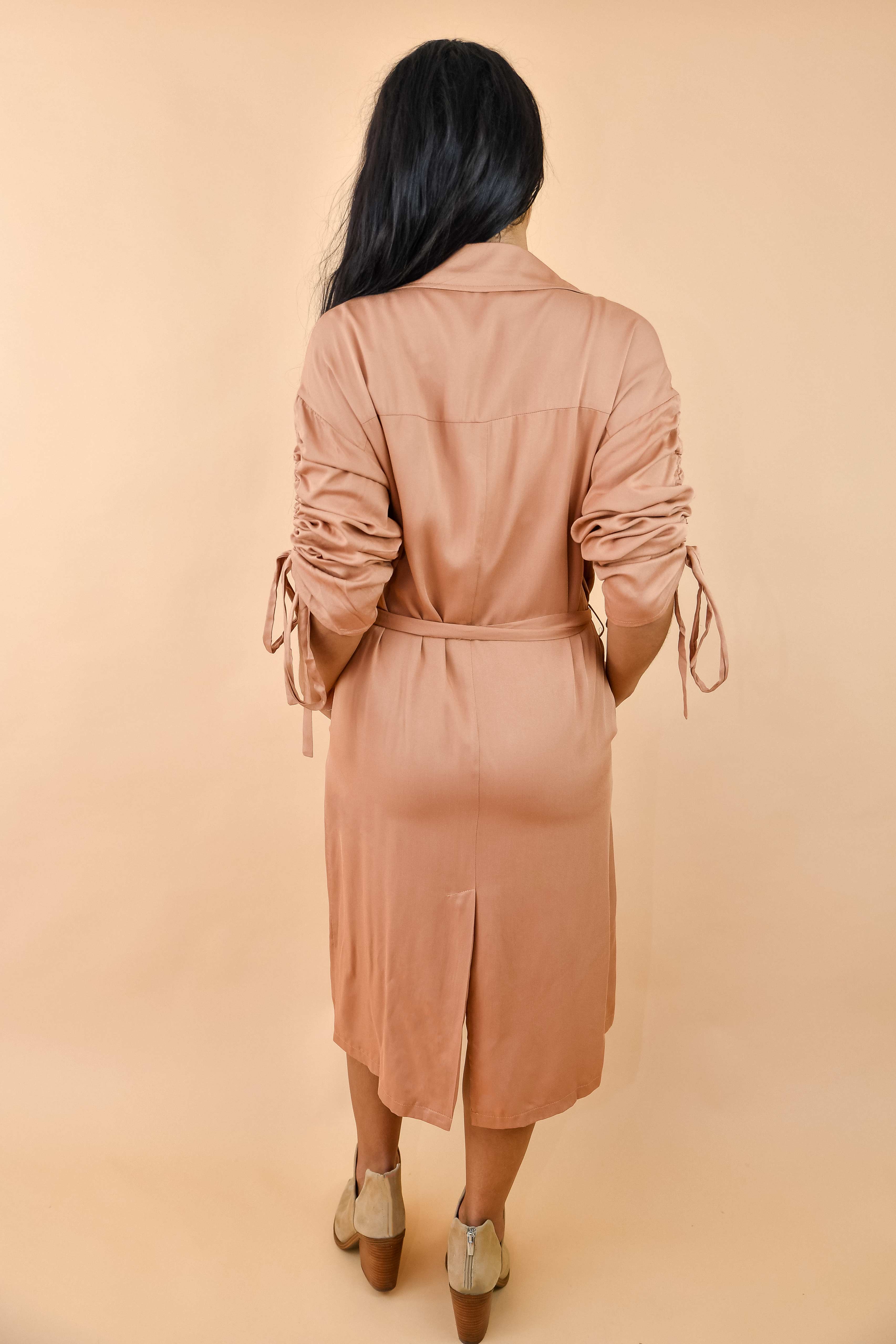 Camel Belted Open-Front Duster Trench Jacket