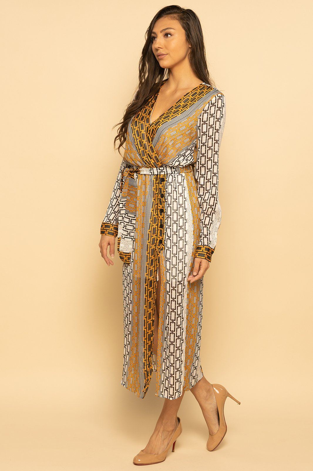 Chain Link Multicolor Faux Wrap Midi Dress