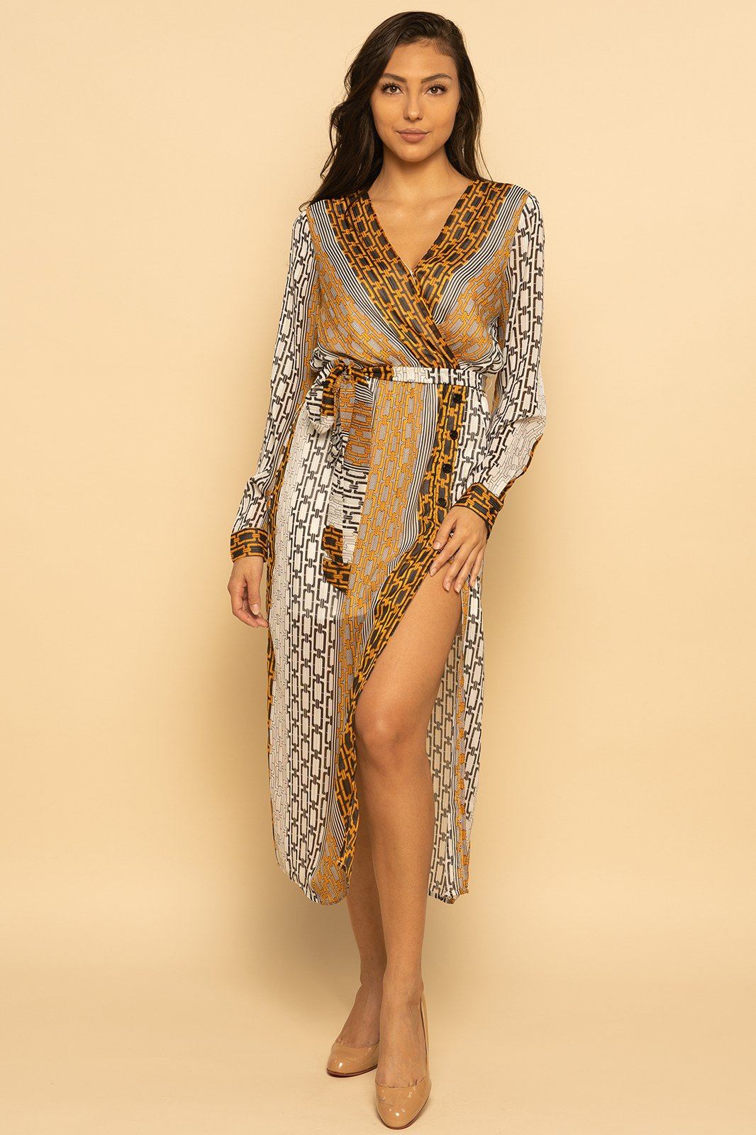 Chain Link Multicolor Faux Wrap Midi Dress
