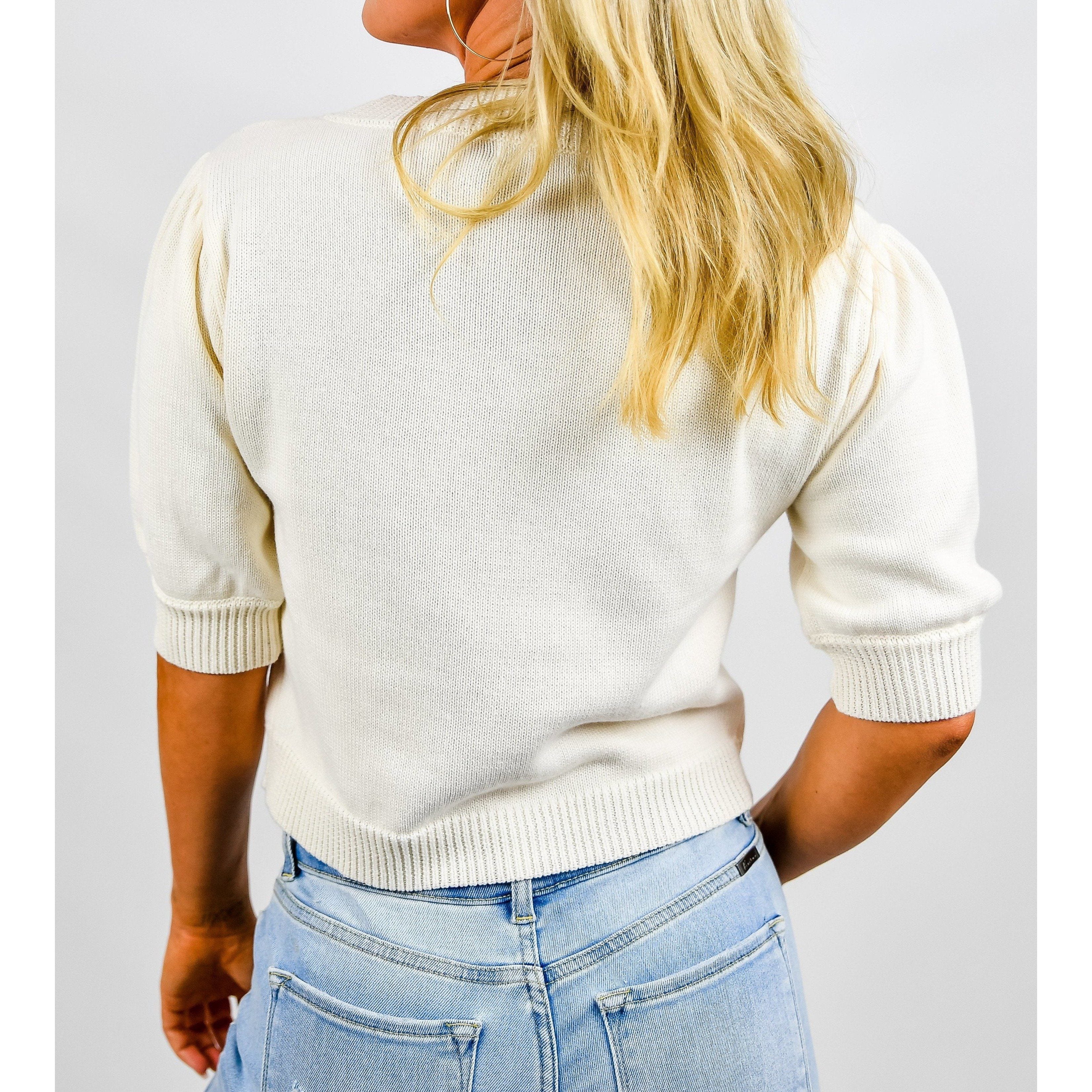 Creamy Puff Sleeve Cropped Knit Sweater Top