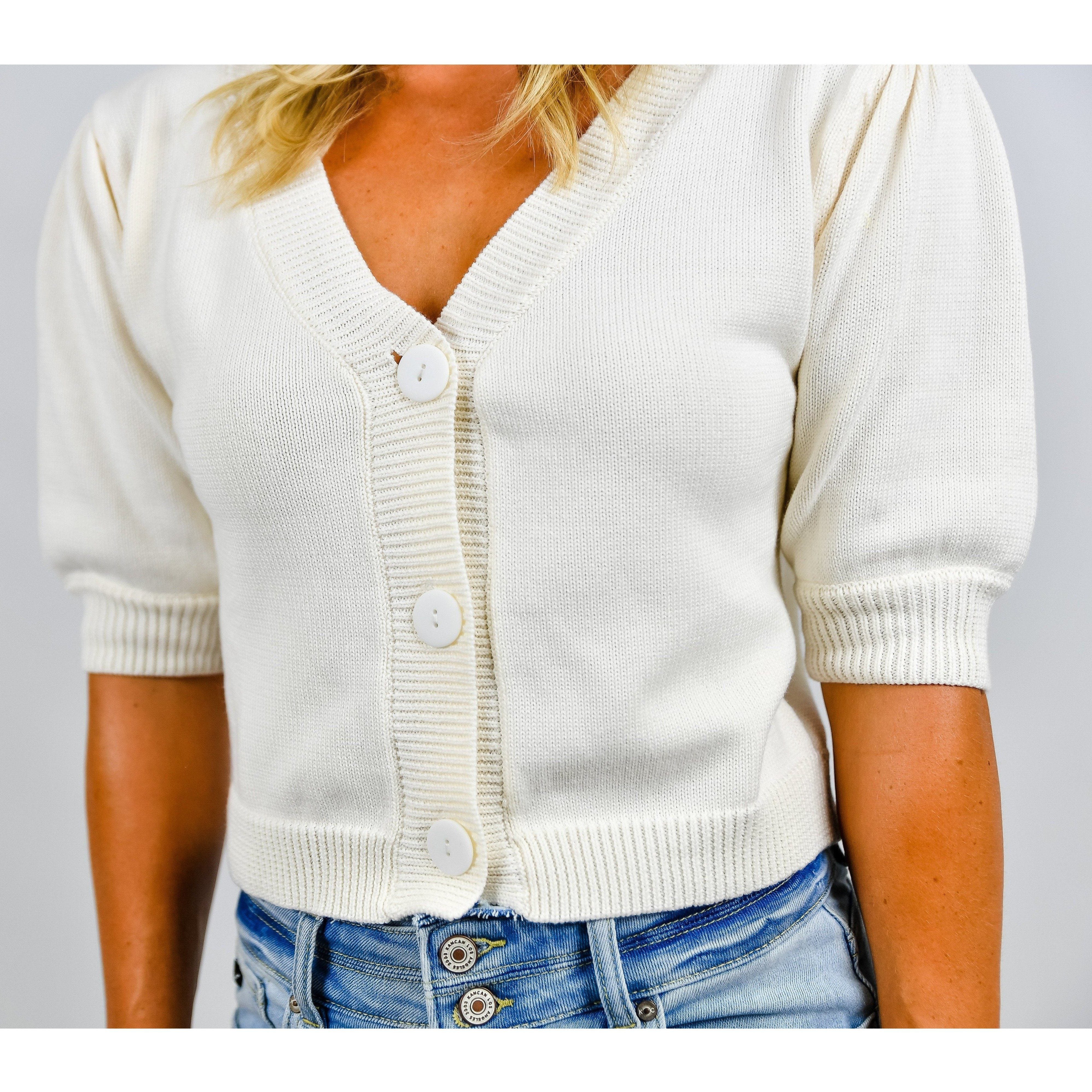 Creamy Puff Sleeve Cropped Knit Sweater Top