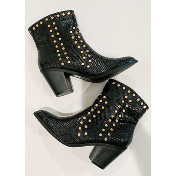 Embossed Snake Gold Studded Black Ankle Bootie