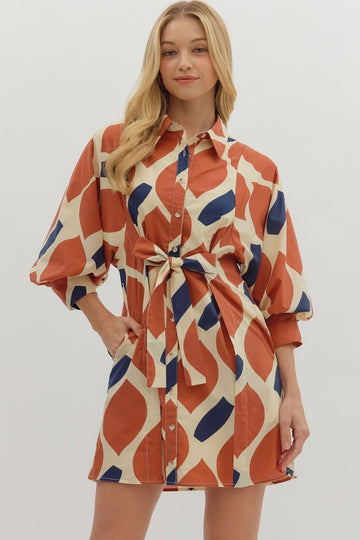 Orange and Blue Long Sleeve Mini Dress With Front Tie