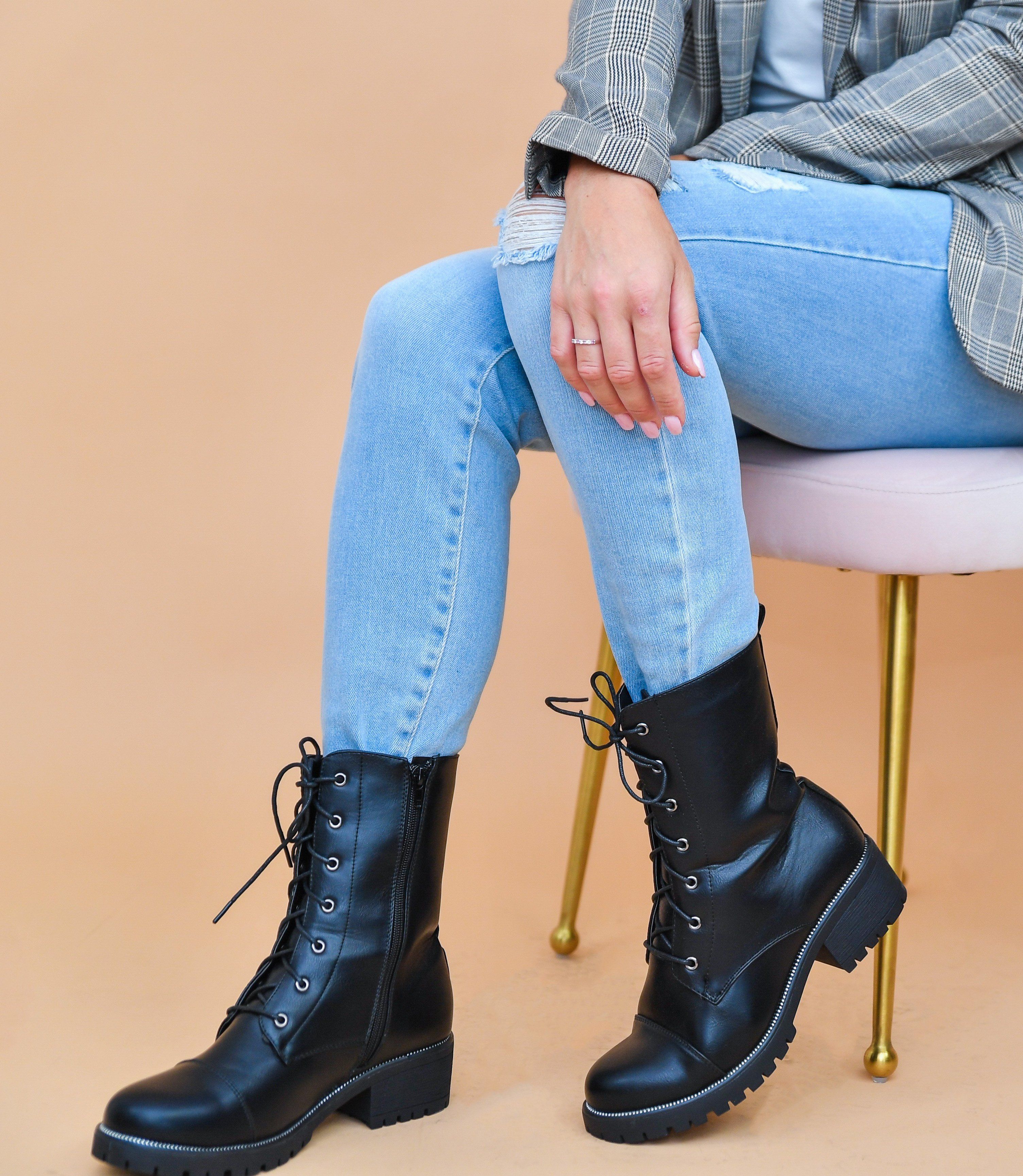Faux Leather Lace Up Ankle Combat Boot