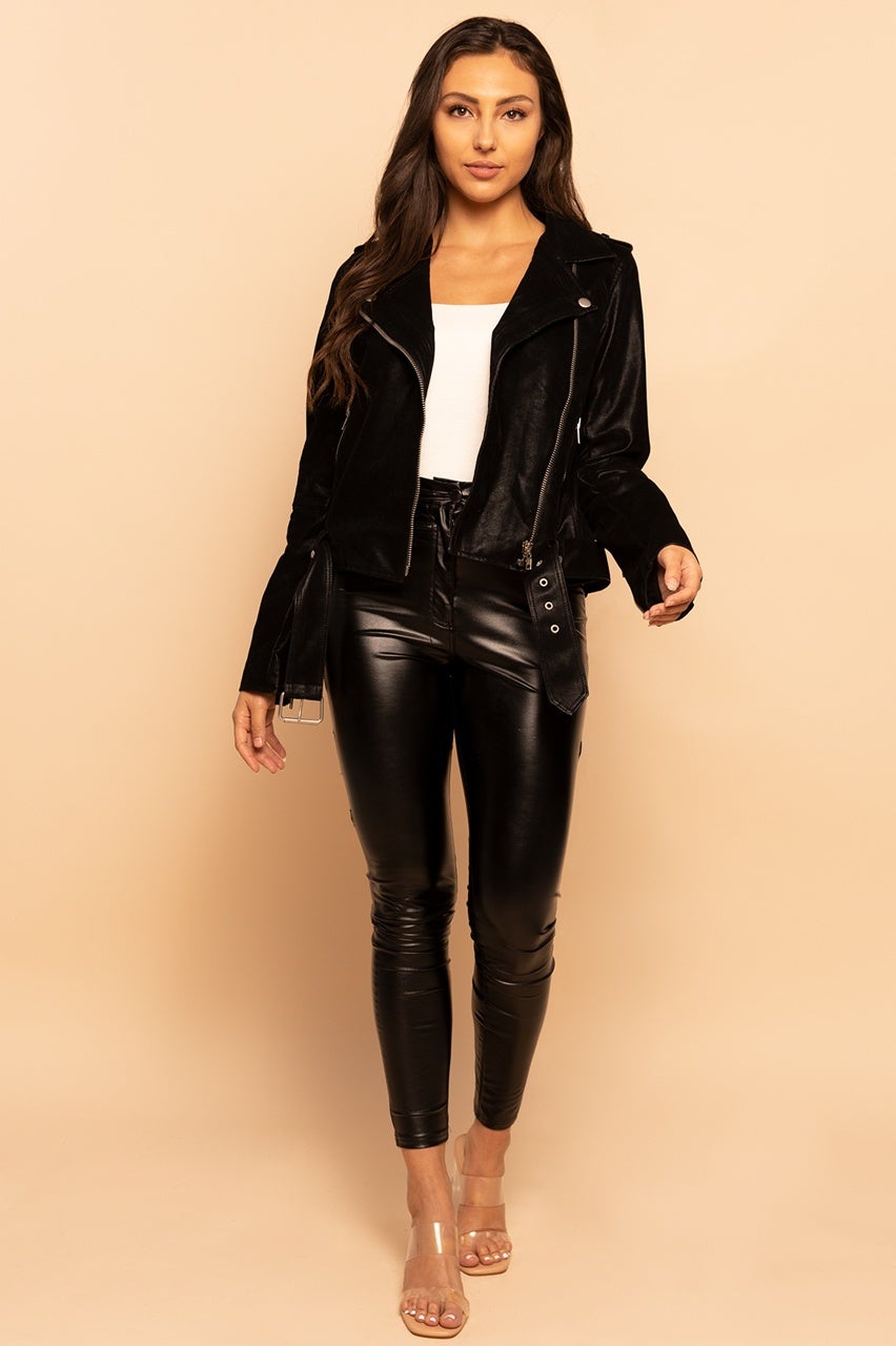 Faux Suede Leather Belted Moto Black Jacket