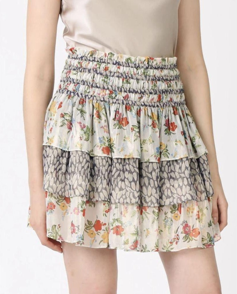 Floral Print Metallic Thread Tiered Mini Skirt