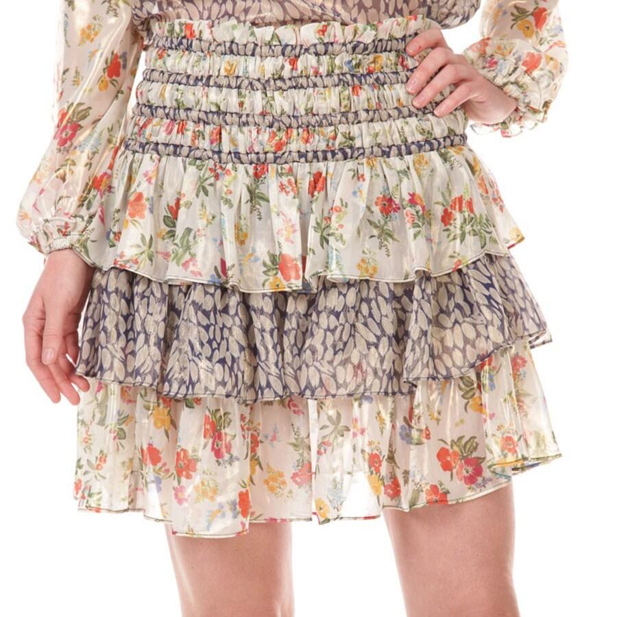 Floral Print Metallic Thread Tiered Mini Skirt