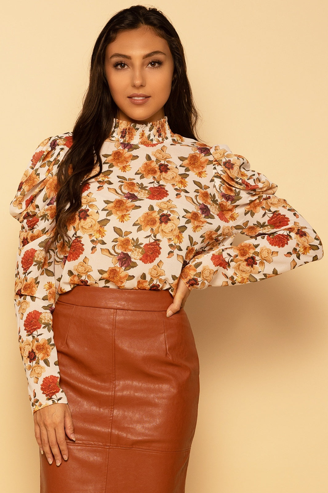Floral Print Puff Sleeve Woven Mock Neck Top