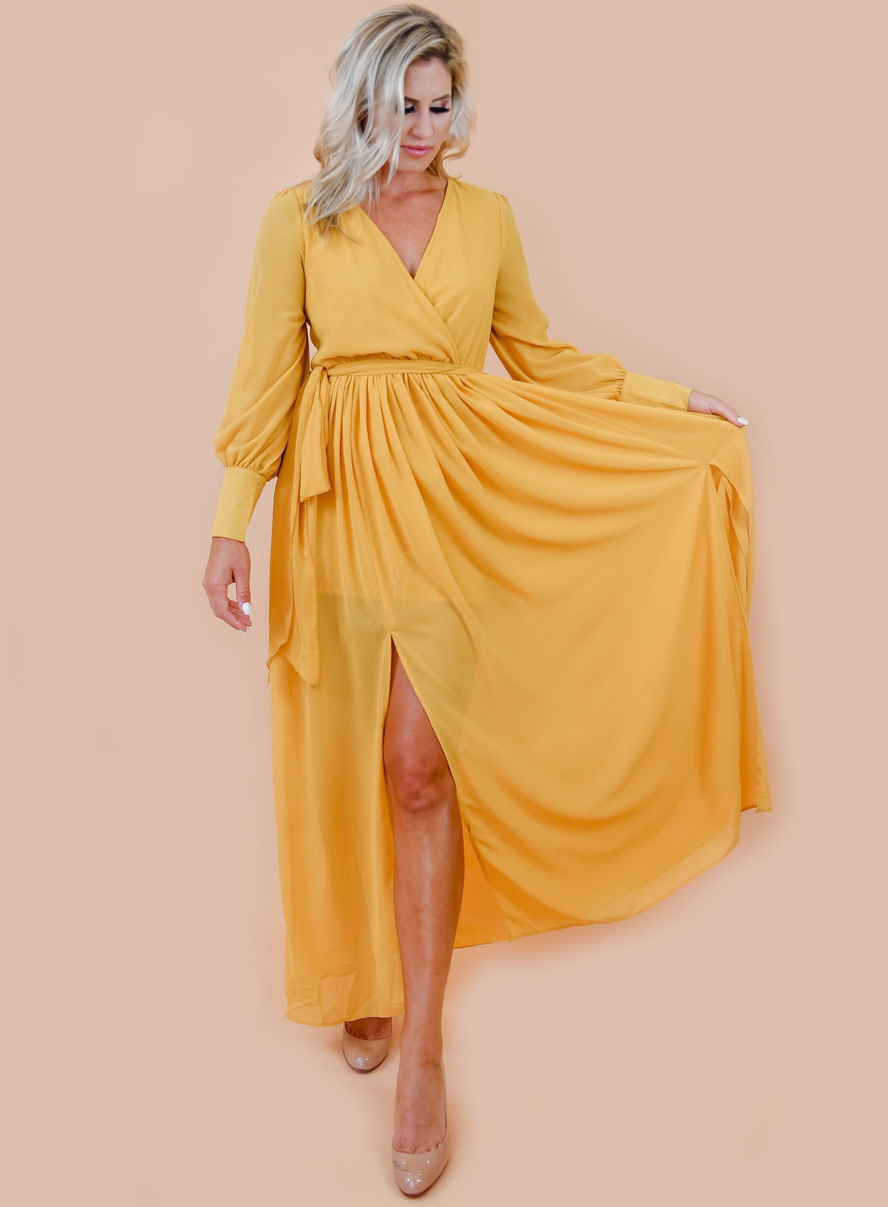 Flowing Mustard Yellow Chiffon Semi Sheer Maxi Dress