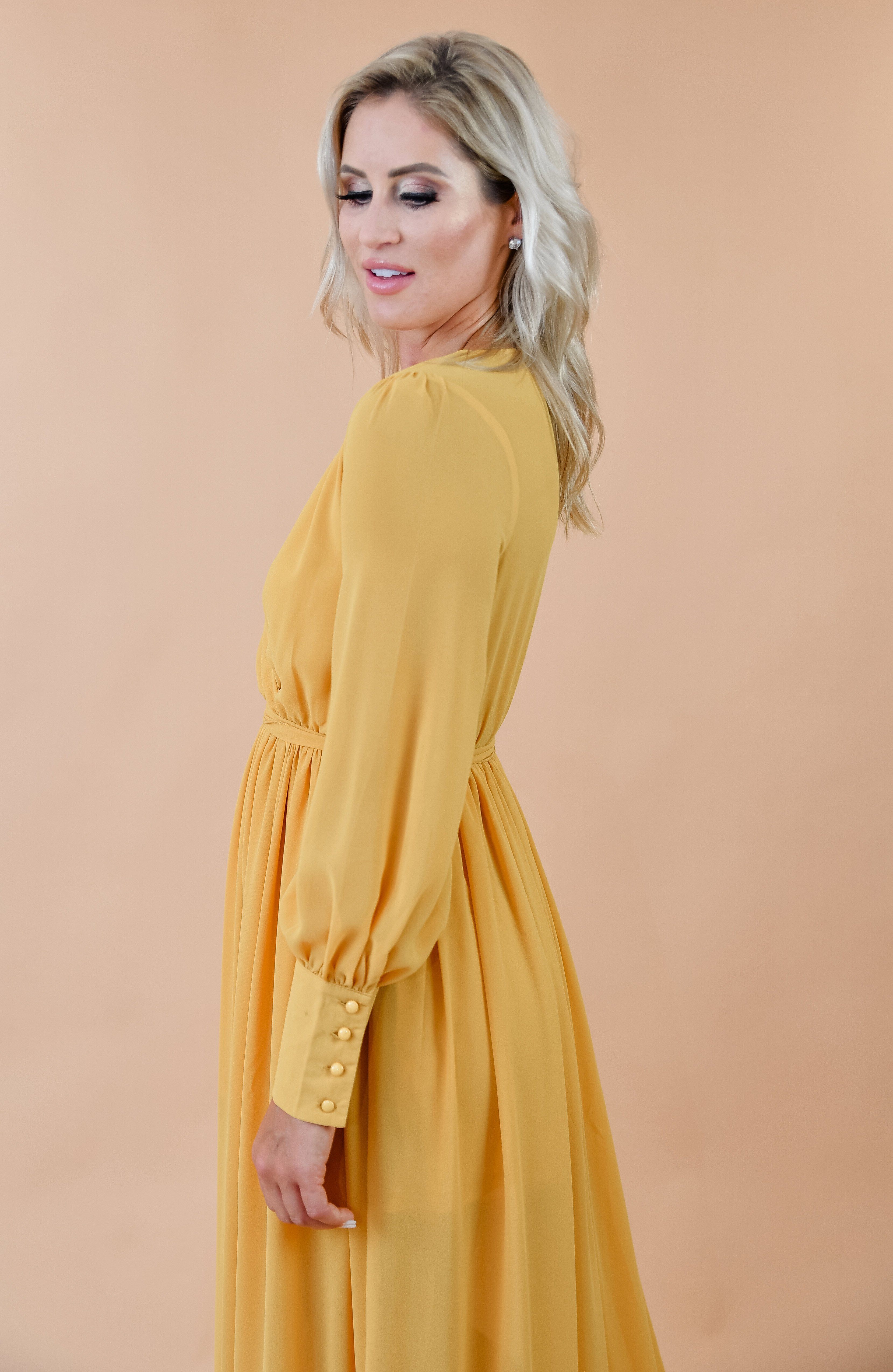 Flowing Mustard Yellow Chiffon Semi Sheer Maxi Dress