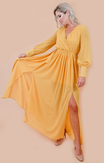 Flowing Mustard Yellow Chiffon Semi Sheer Maxi Dress
