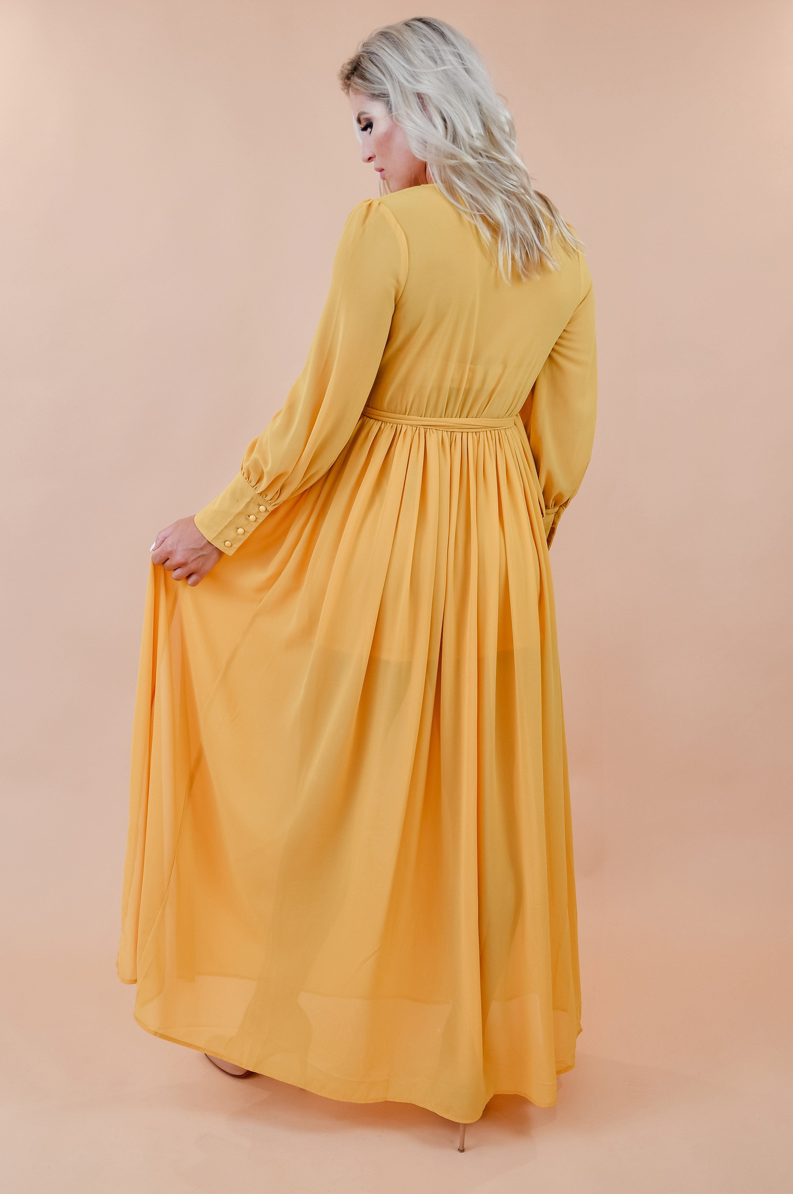 Flowing Mustard Yellow Chiffon Semi Sheer Maxi Dress