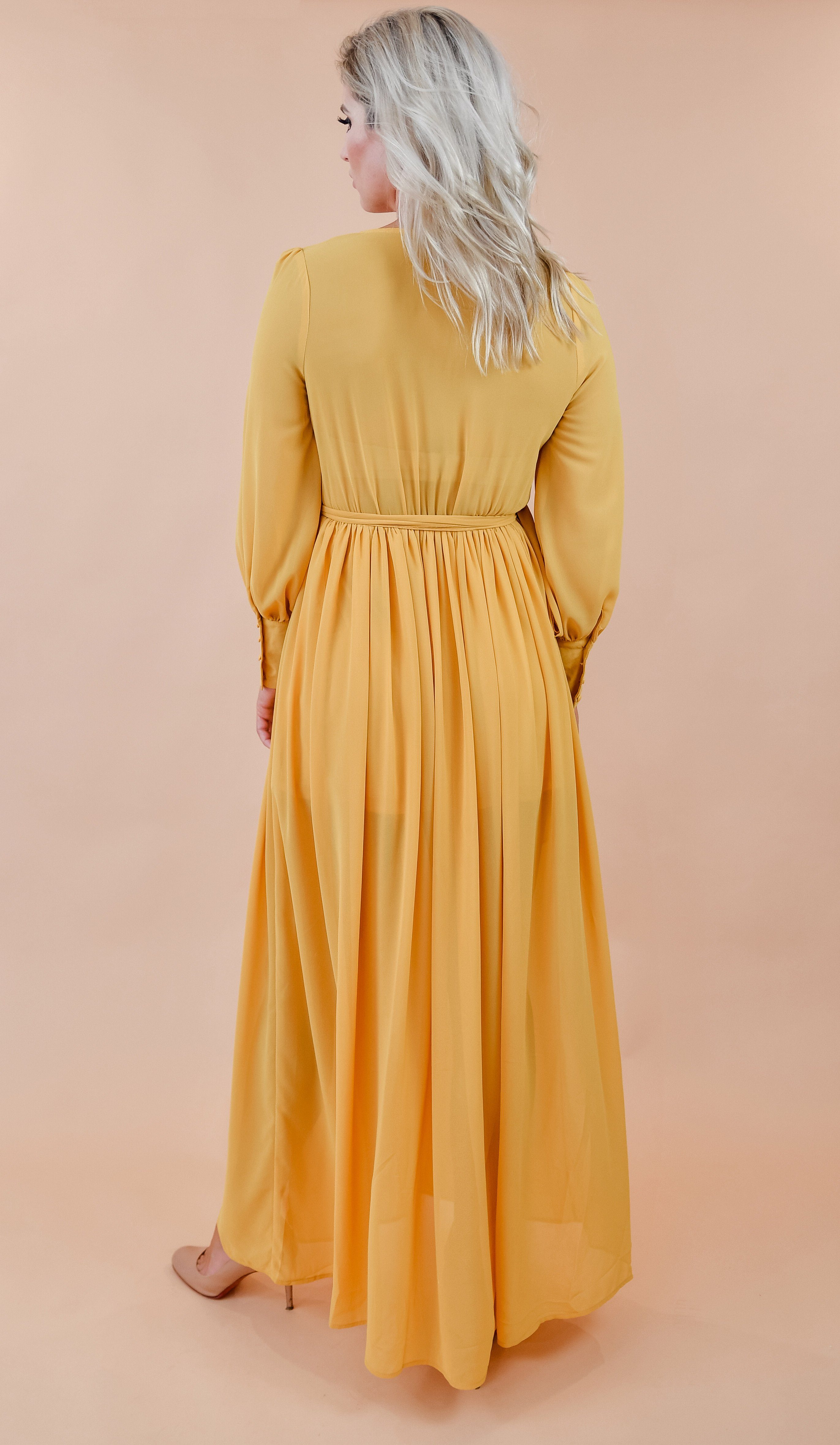 Flowing Mustard Yellow Chiffon Semi Sheer Maxi Dress