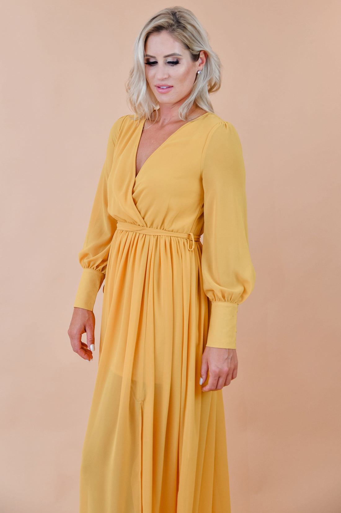 Flowing Mustard Yellow Chiffon Semi Sheer Maxi Dress