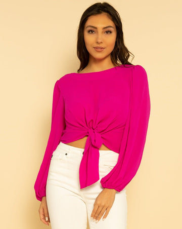 Fuschia Tie Front Long Sleeve Blouse