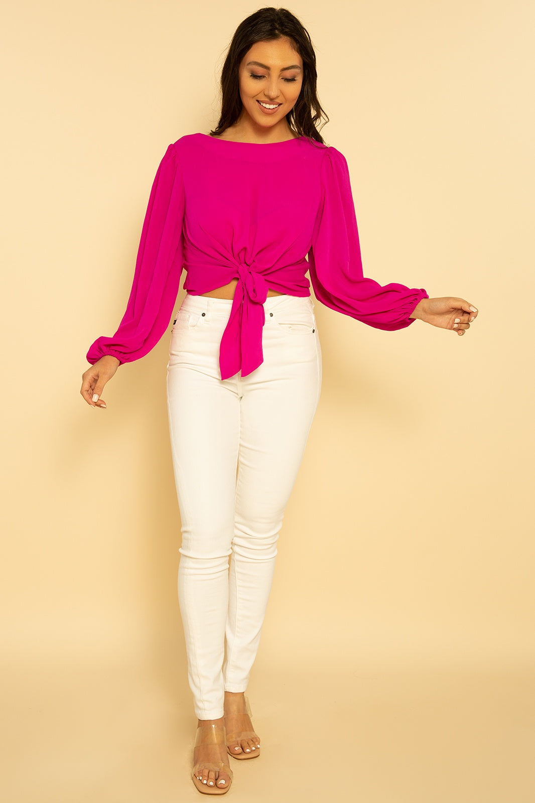 Fuschia Tie Front Long Sleeve Blouse