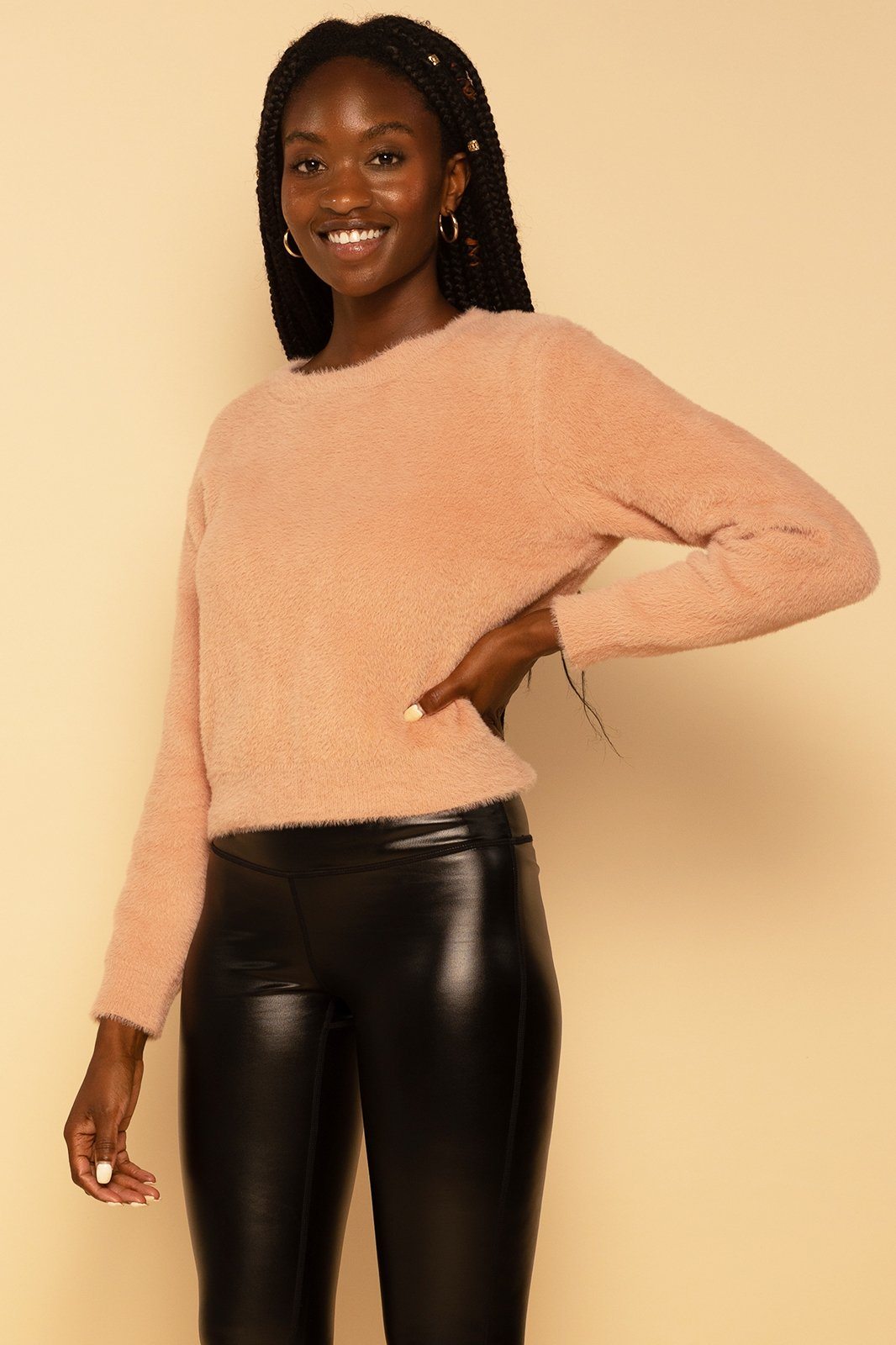 Fuzzy Knit Crewneck Cropped Sweater Pink