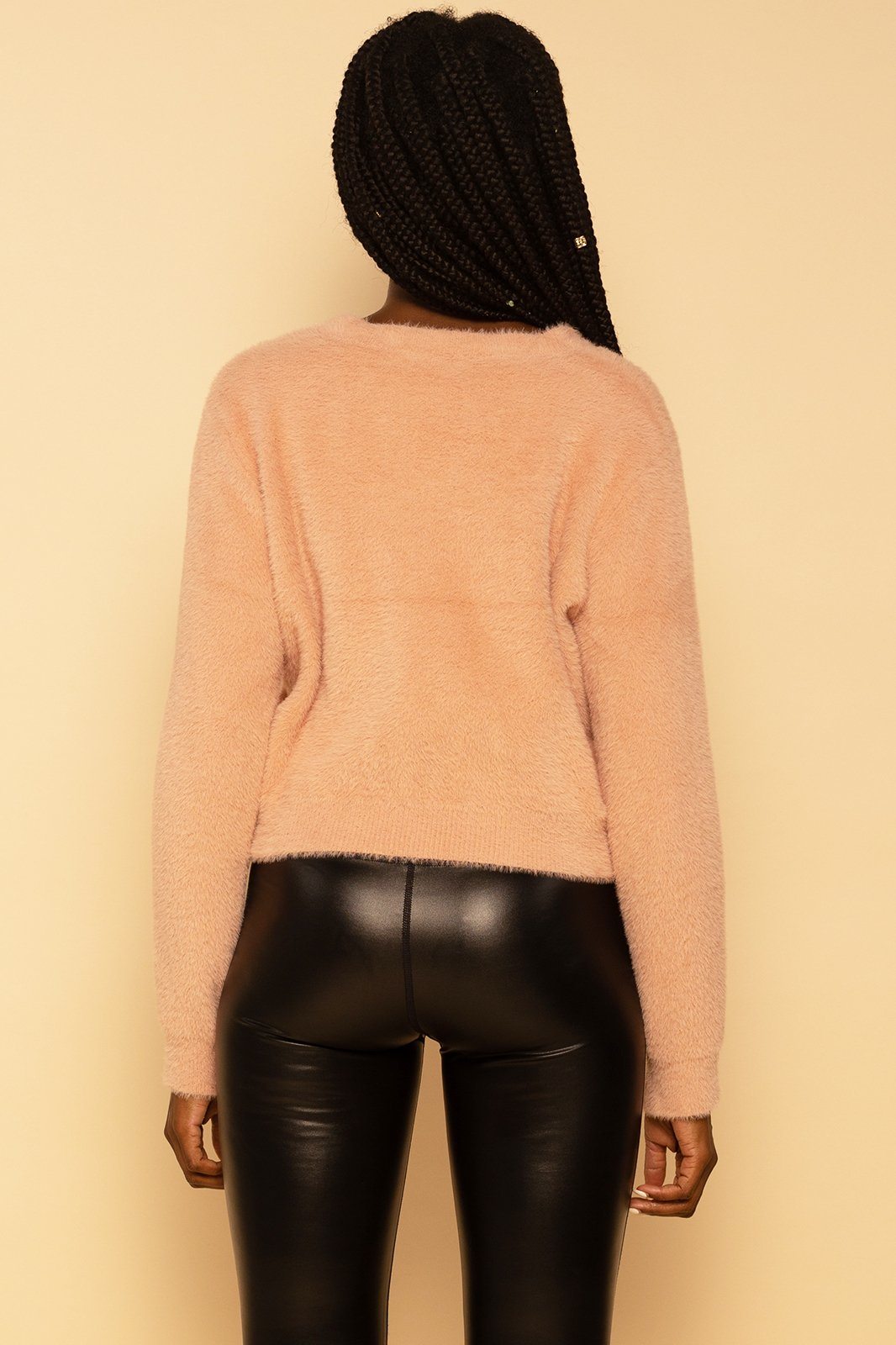 Fuzzy Knit Crewneck Cropped Sweater Pink