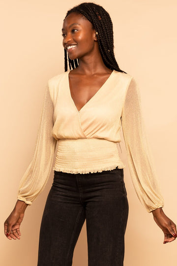Gold Shimmer Smocked V-Neck Long Sleeve Blouse