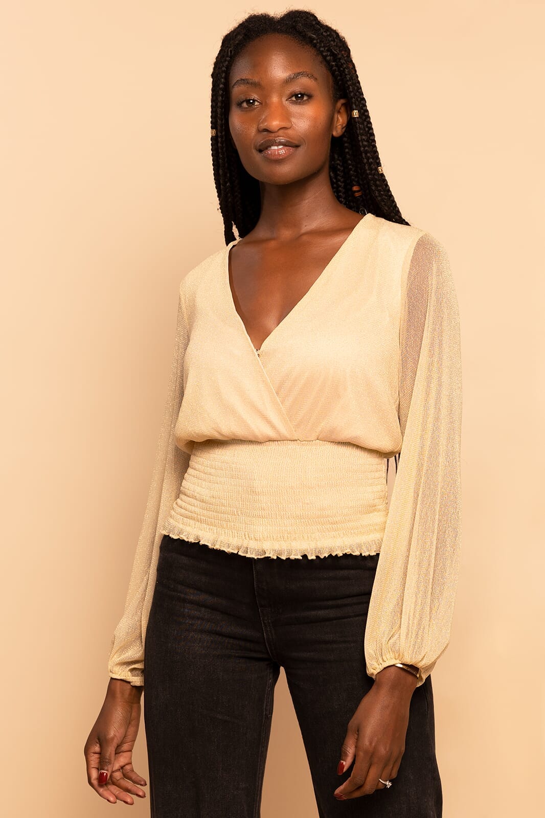 Gold Shimmer Smocked V-Neck Long Sleeve Blouse