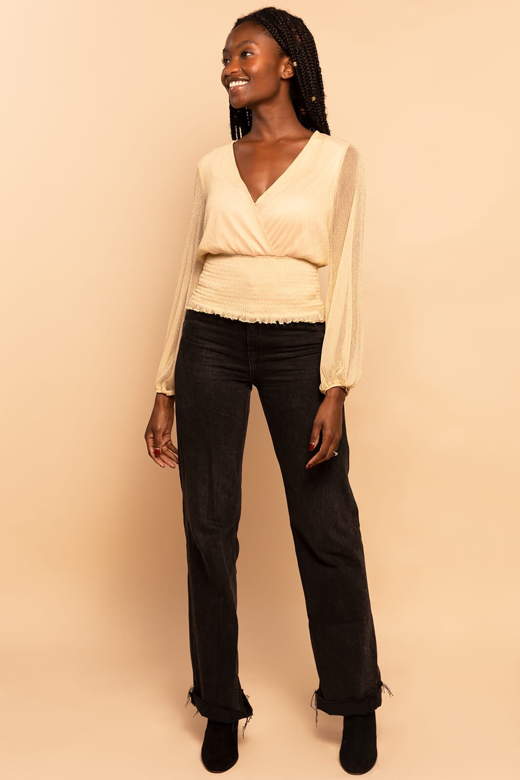 Gold Shimmer Smocked V-Neck Long Sleeve Blouse