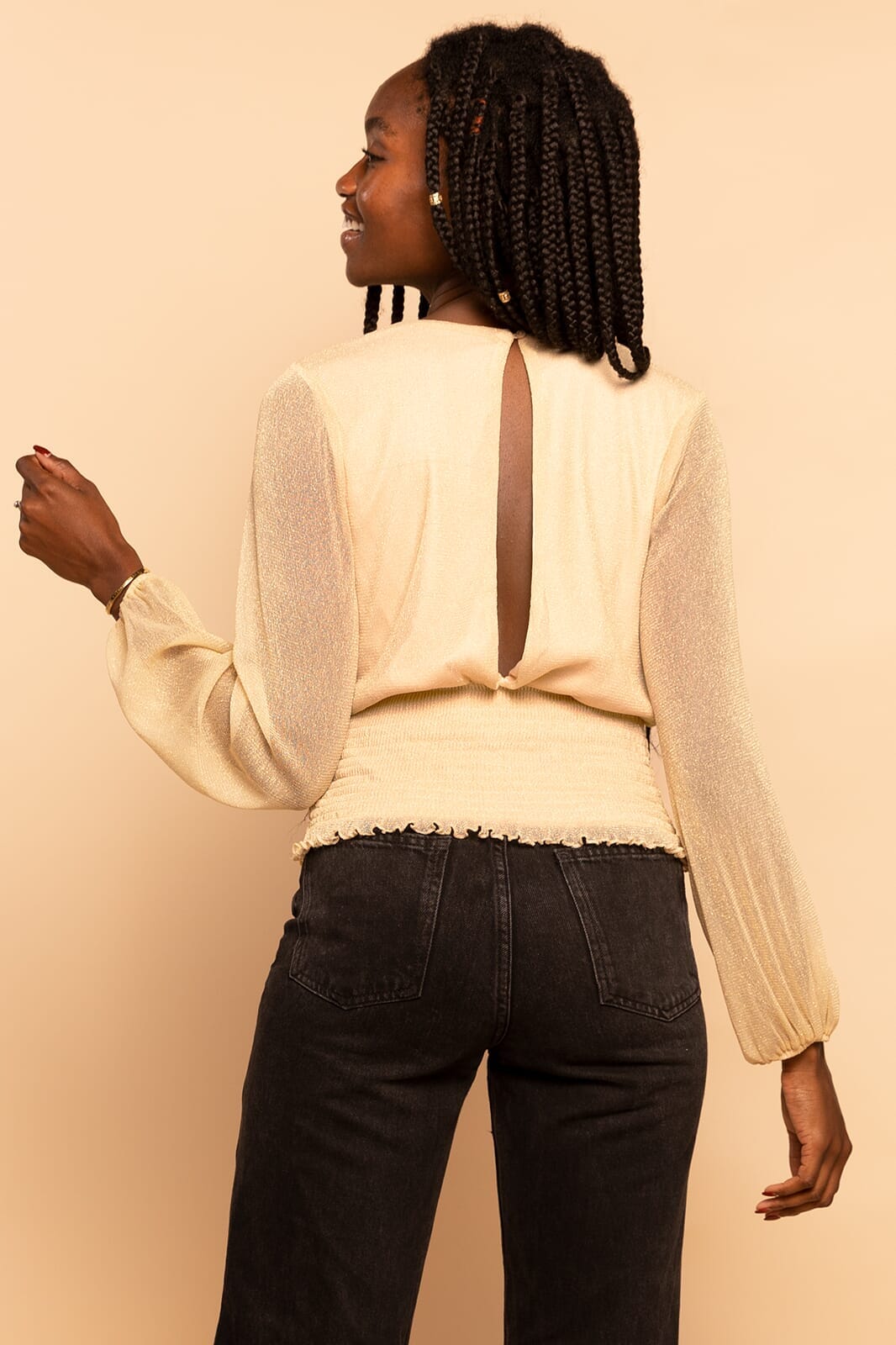 Gold Shimmer Smocked V-Neck Long Sleeve Blouse