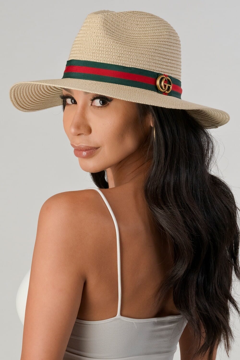 Green and Red Ribbon Straw Woven Fedora Hat - Beige