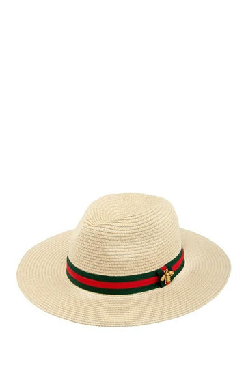Green and Red Ribbon Straw Woven Fedora Hat - Beige