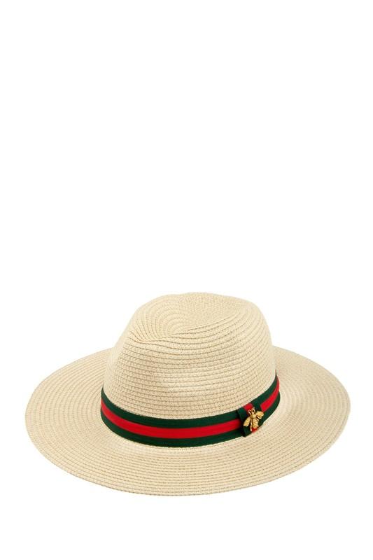 Green and Red Ribbon Straw Woven Fedora Hat - Beige