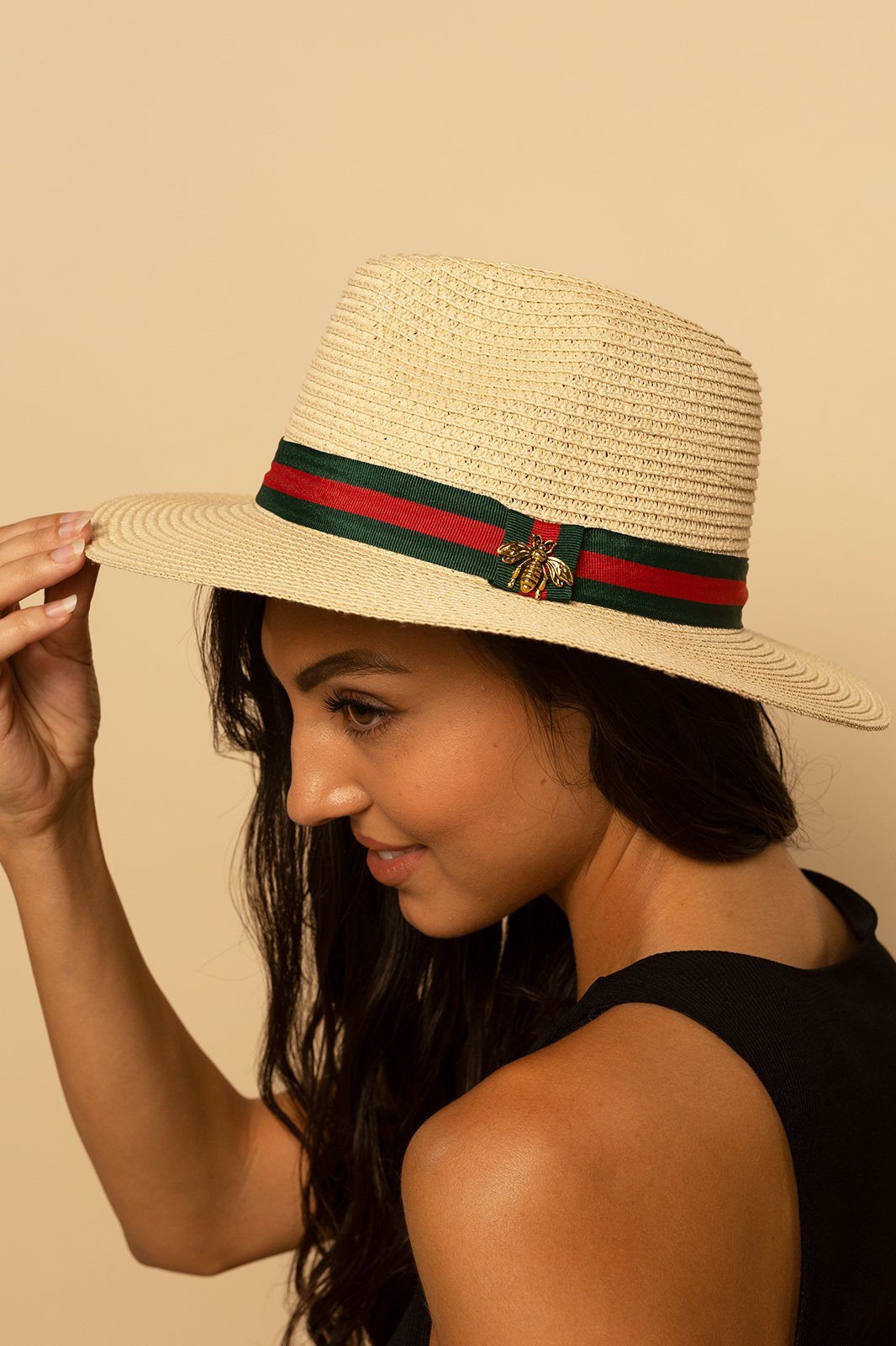 Green and Red Ribbon Straw Woven Fedora Hat - Beige