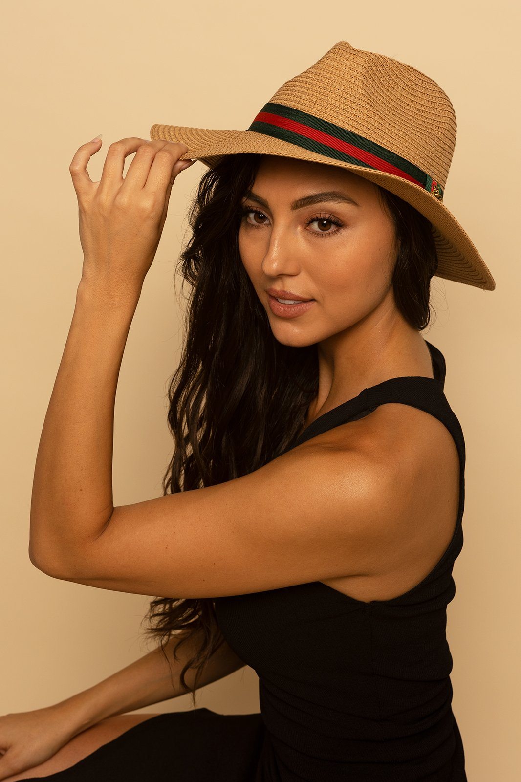 Green and Red Ribbon Straw Woven Fedora Hat - Tan