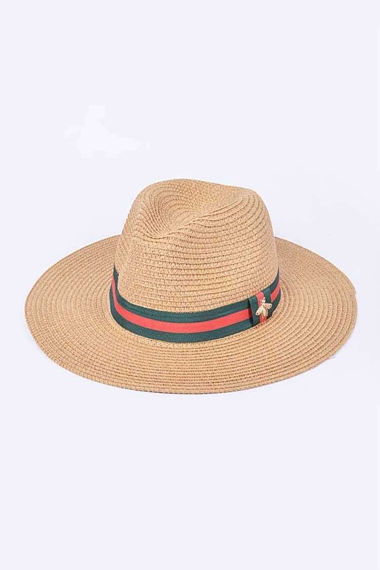 Green and Red Ribbon Straw Woven Fedora Hat - Tan