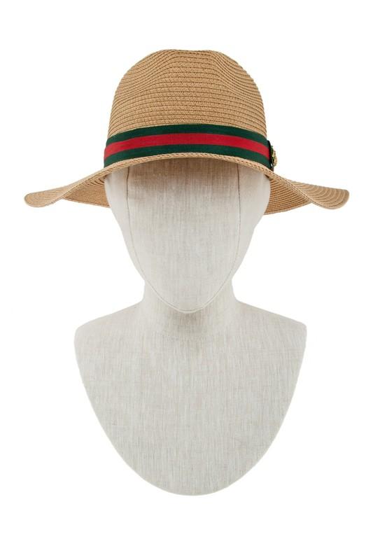 Green and Red Ribbon Straw Woven Fedora Hat - Tan
