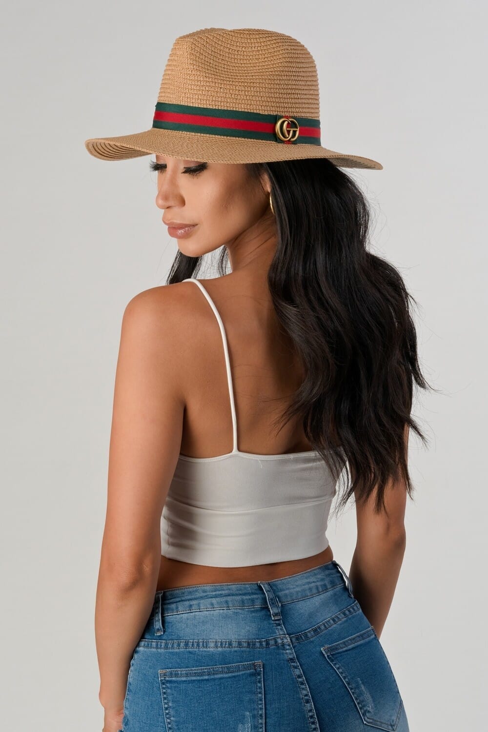 Green and Red Ribbon Straw Woven Fedora Hat - Tan