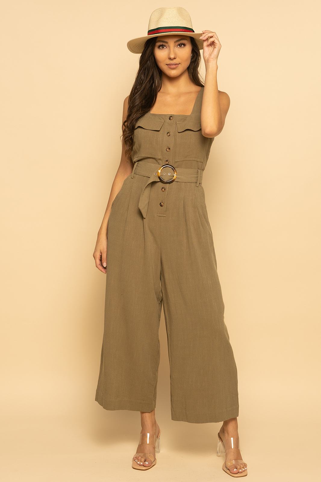 Green Belted Utility Linen Button Down Sleeveless Jumpsuit