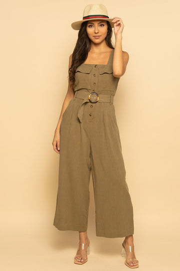 Green Belted Utility Linen Button Down Sleeveless Jumpsuit