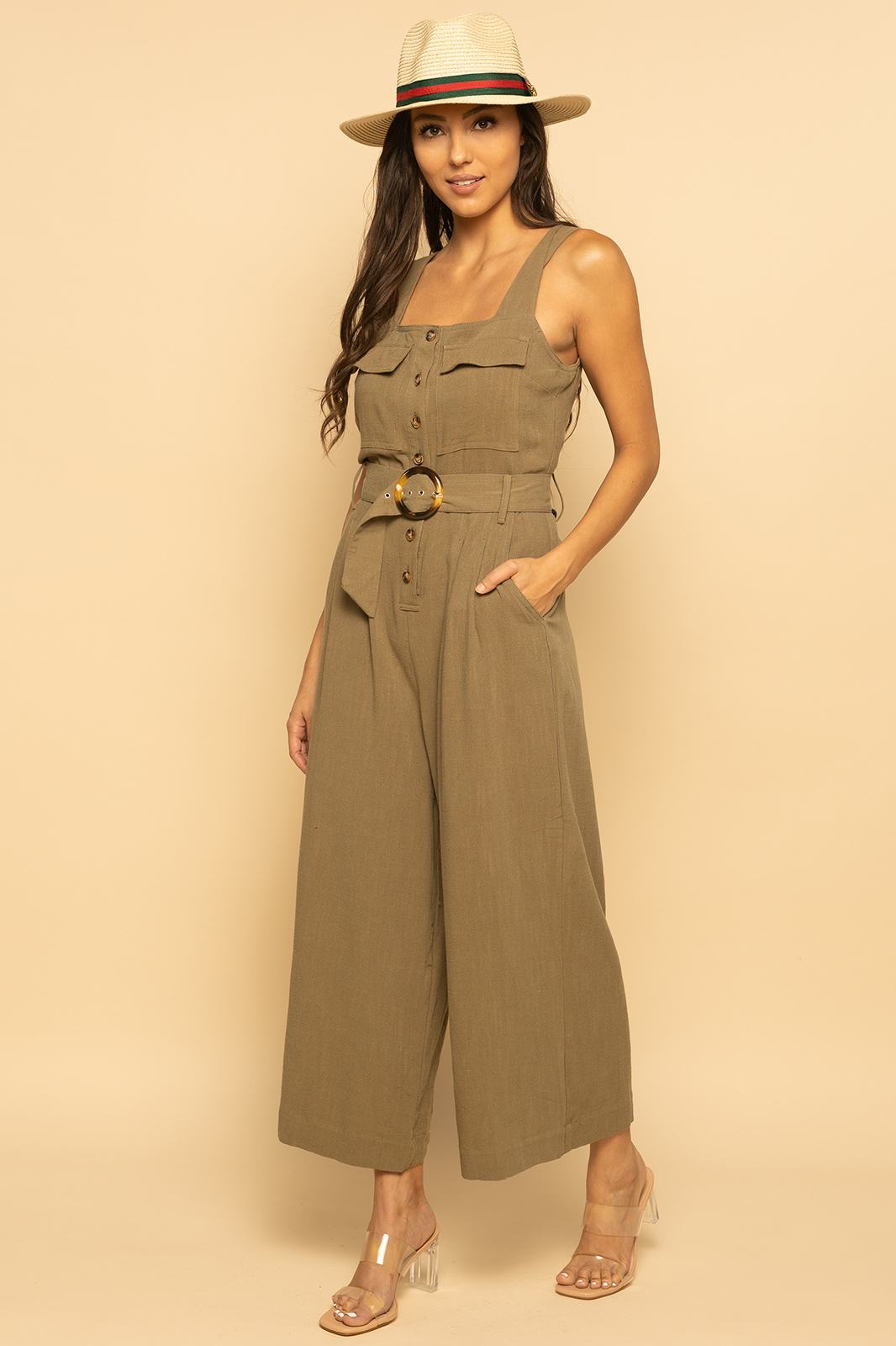 Green Belted Utility Linen Button Down Sleeveless Jumpsuit