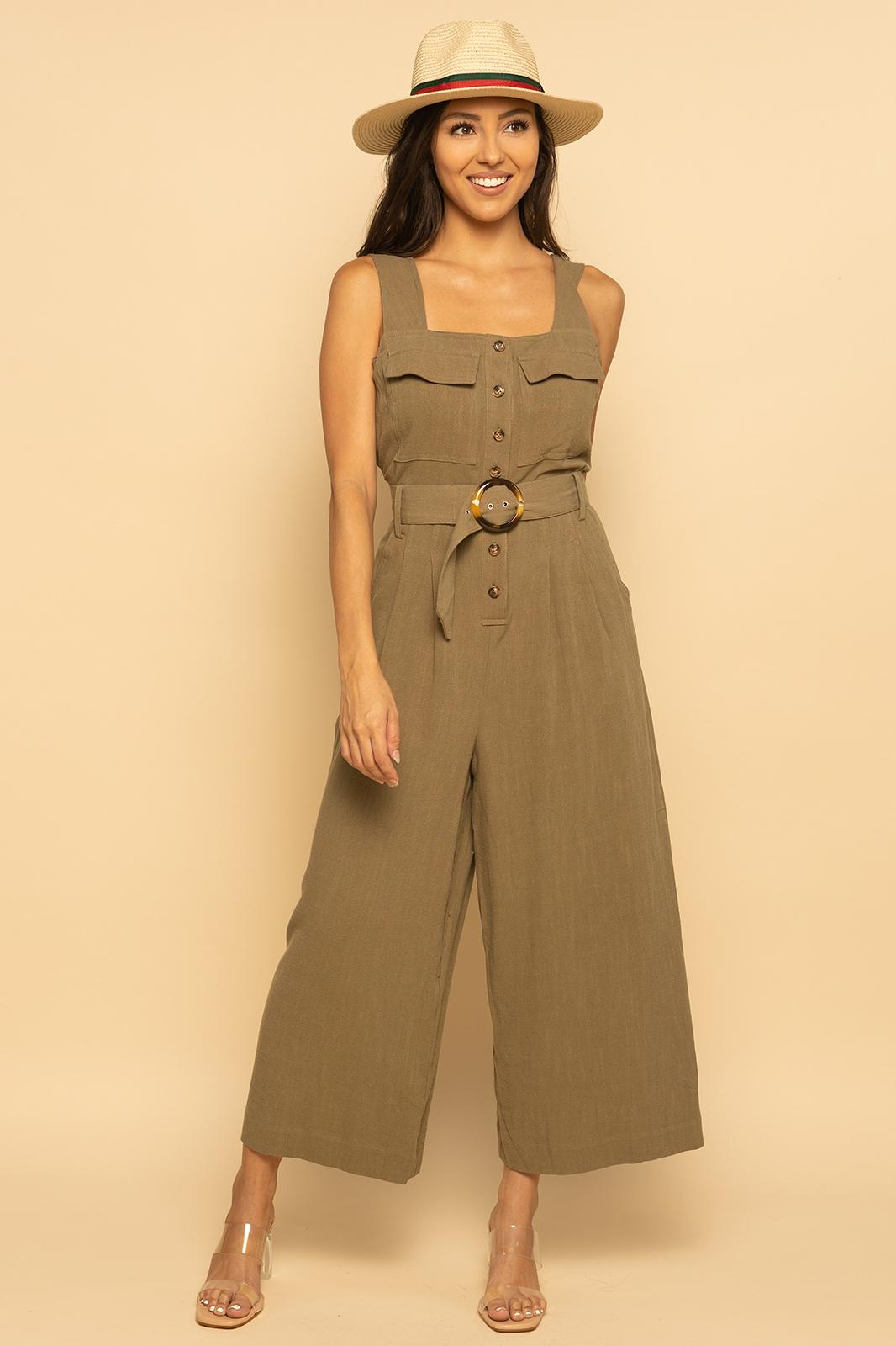 Green Belted Utility Linen Button Down Sleeveless Jumpsuit