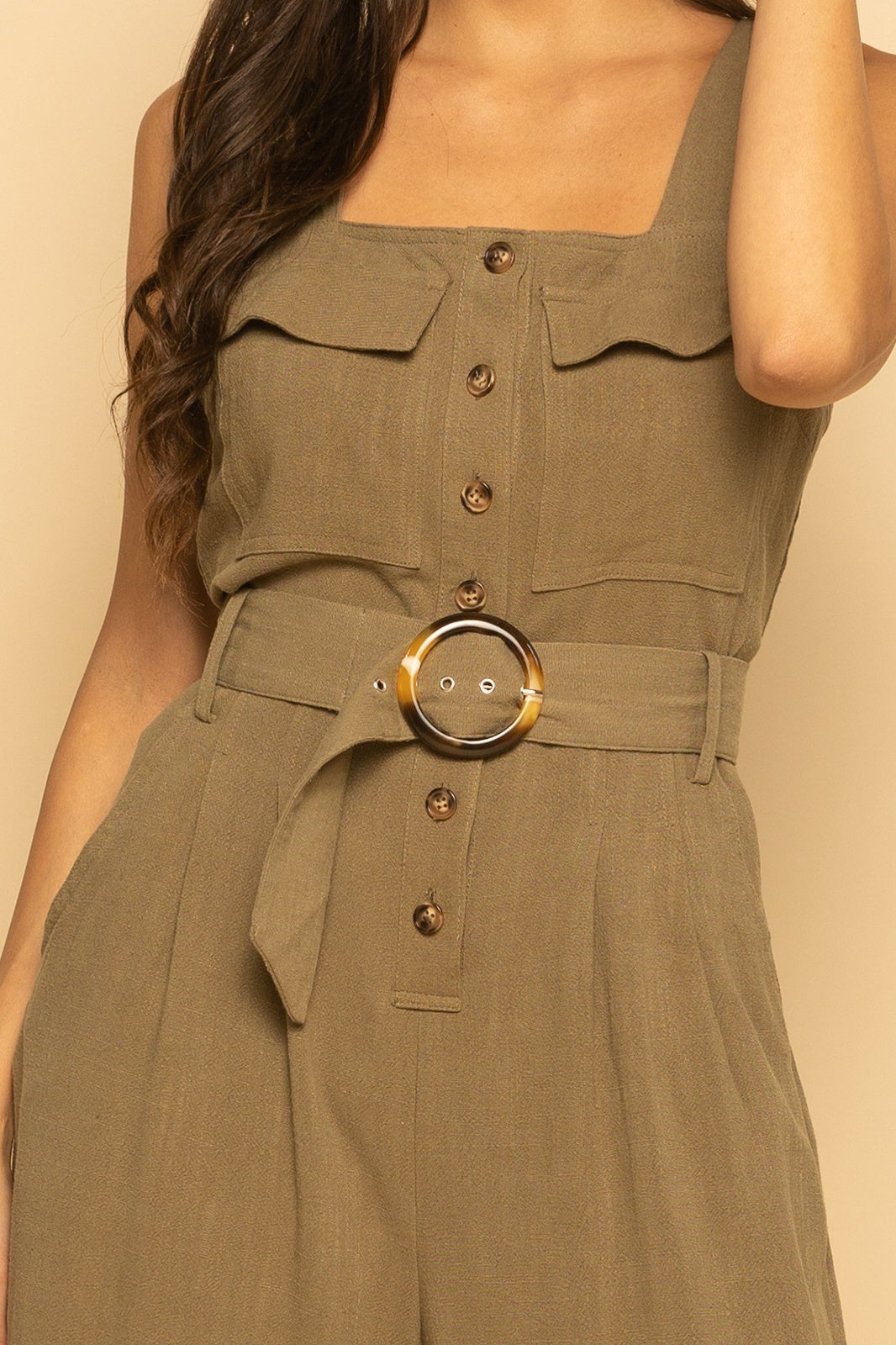 Green Belted Utility Linen Button Down Sleeveless Jumpsuit