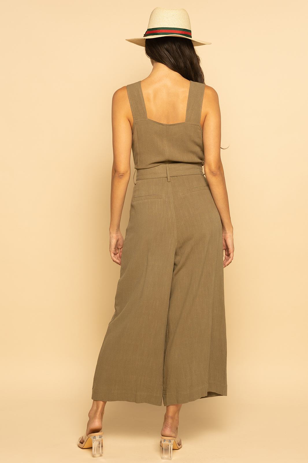 Green Belted Utility Linen Button Down Sleeveless Jumpsuit