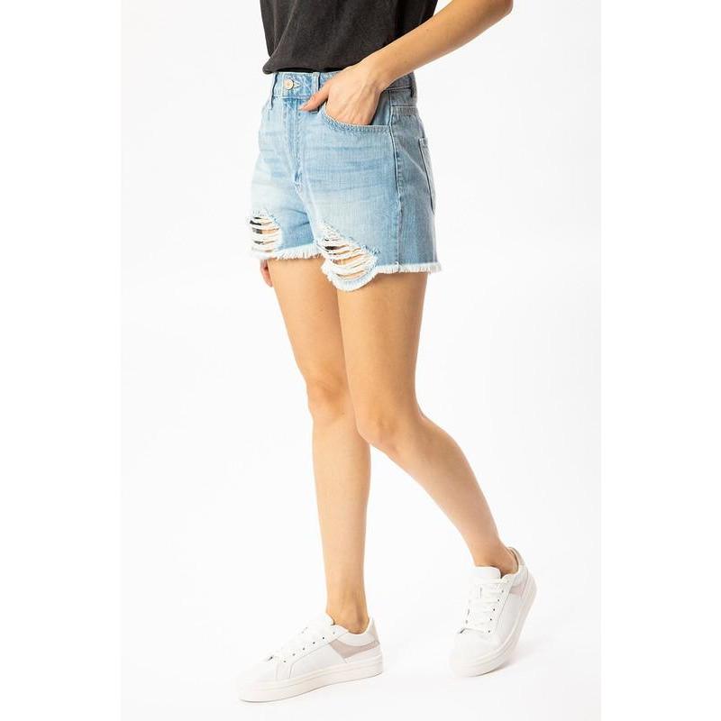 High Rise Distressed Light Wash Denim Jean Shorts