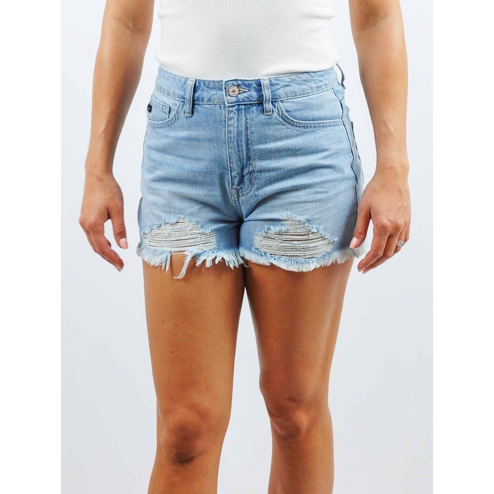High Rise Distressed Light Wash Denim Jean Shorts