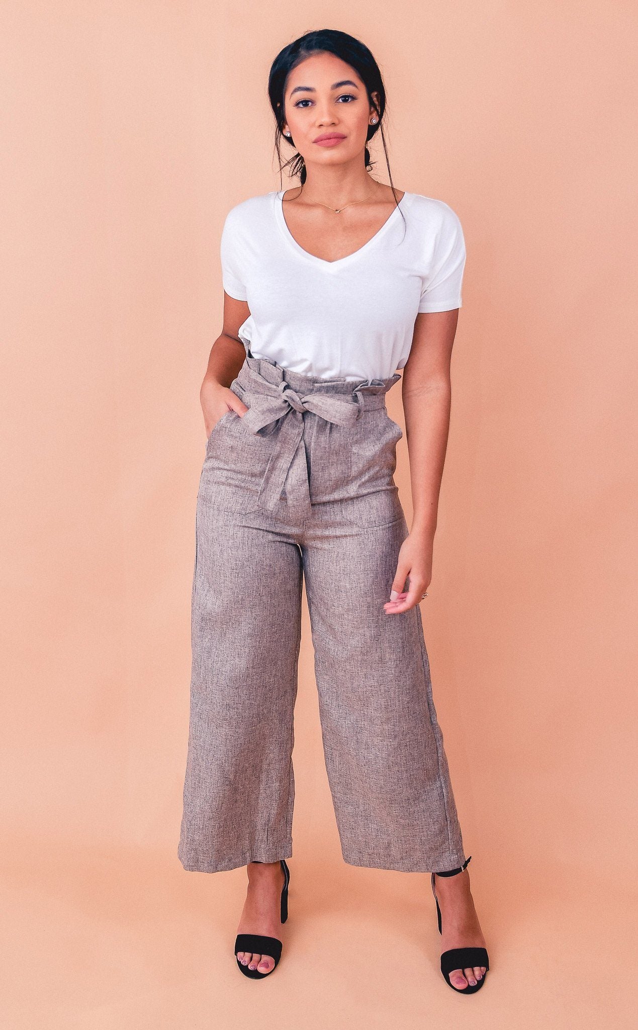 High Waisted Belted Tweed Cropped Flare Beige Pants