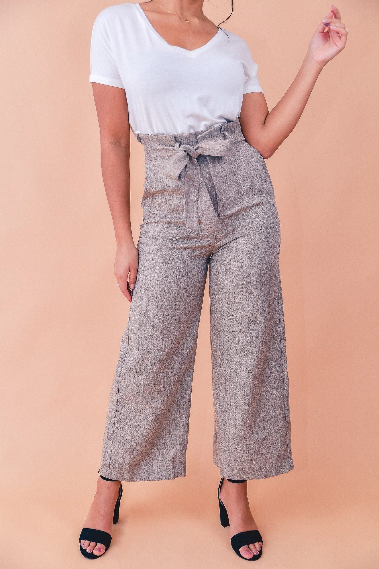 High Waisted Belted Tweed Cropped Flare Beige Pants