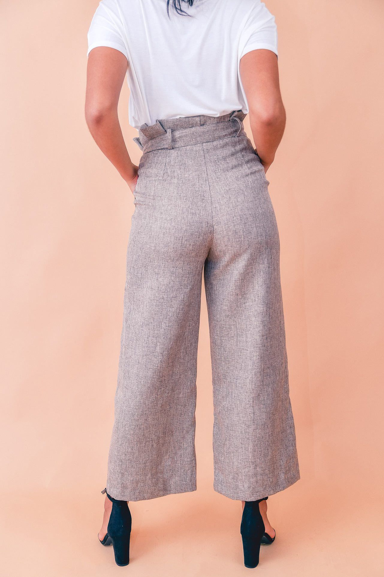 High Waisted Belted Tweed Cropped Flare Beige Pants