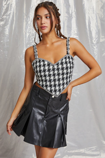 Houndstooth Crystal Trim Heart Tweed Crop Top